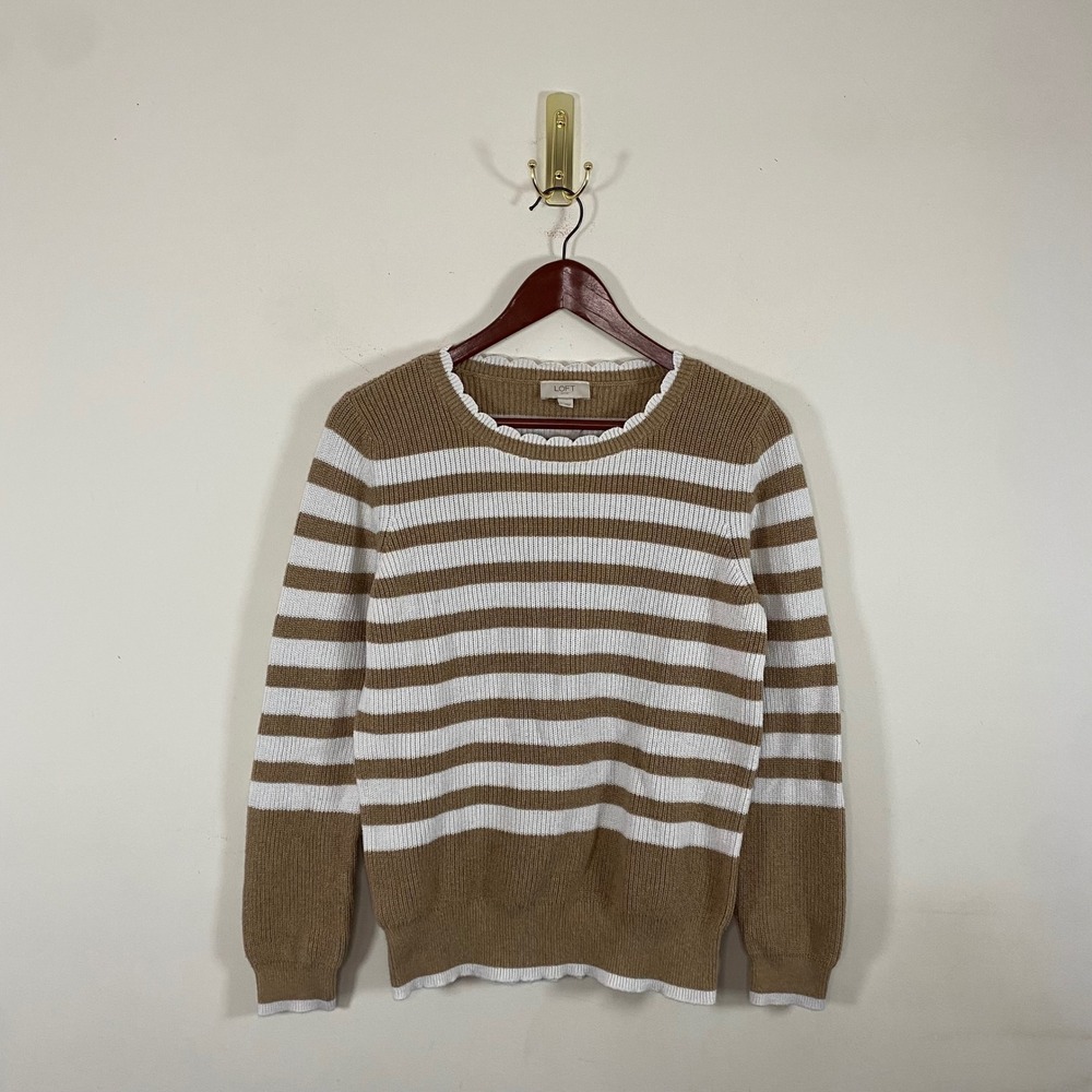 Loft Outlet Striped Knit Sweater White Tan Scalloped Hem‎ Cotton Size Large